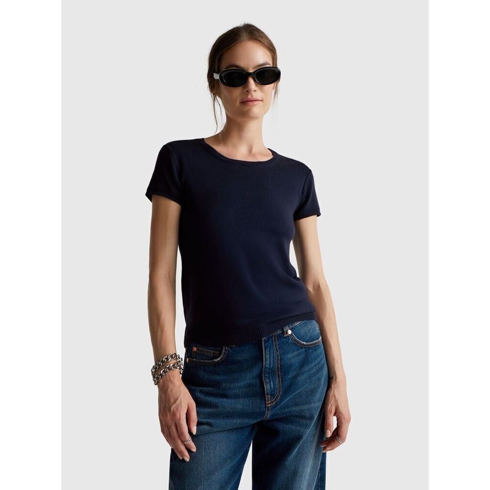 ✨STILE BENETTON SHORT SLEEVE NAVY SZ SILK BLEND MEDIUM SWEATER✨